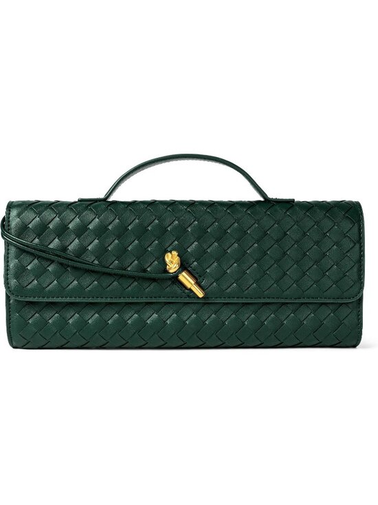 Handbags - Women Emerald Green Woven Leather Clutch Vegan Purse Formal Crossbody Handbags